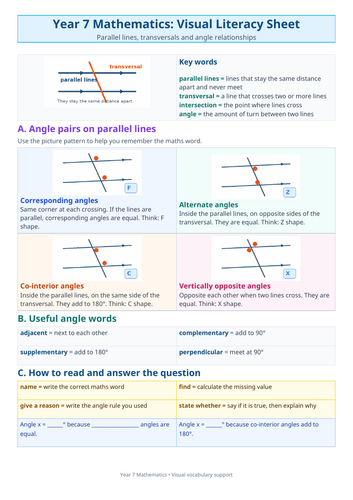 Mathematics Literacy: Angles, Lines & Triangles Visual Literacy Sheet