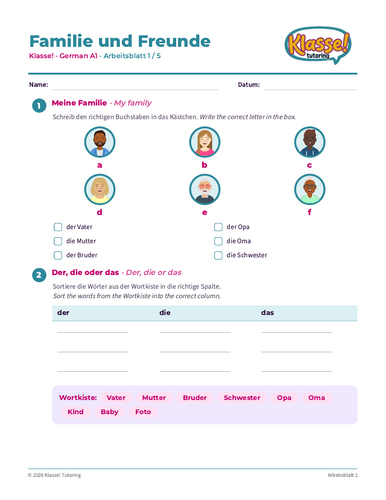 German A1 Familie und Freunde – Vocabulary Worksheet (4 pages)