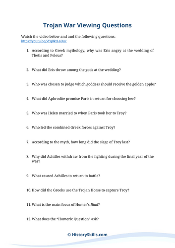 History of the Trojan War Video Viewing Questions Worksheet