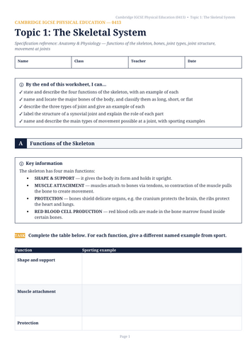Cambridge IGCSE PE (0413) - Unit 1: Skeletal System Complete Worksheet & Answer Key