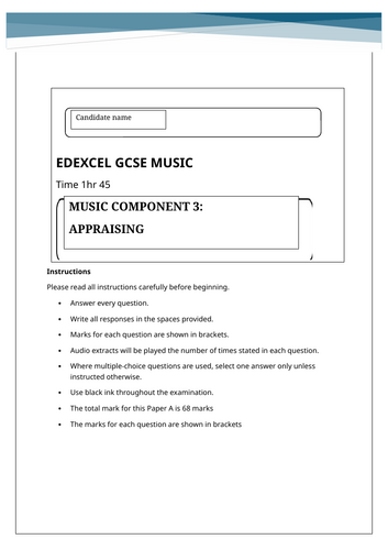 EDEXCEL MUSIC PRACTICE PAPER B WITH FULL MARK SCHEME