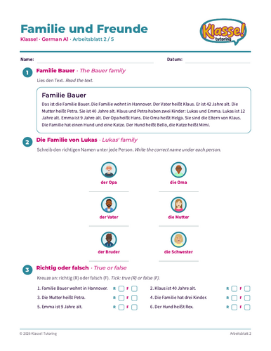 German A1 Familie und Freunde – Reading Worksheet (3 pages)