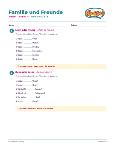 German A1 Familie und Freunde – Writing Worksheet (4 pages)