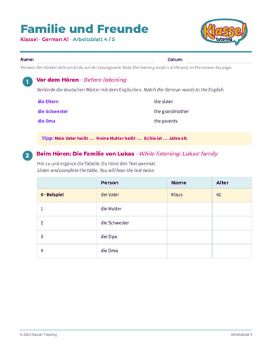 German A1 Familie und Freunde – Listening Worksheet (3 pages)