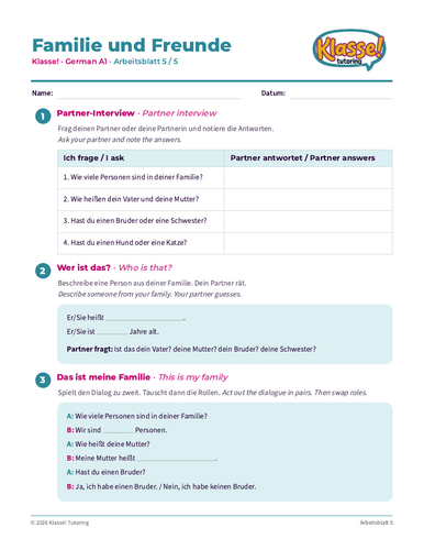 German A1 Familie und Freunde – Speaking Worksheet (3 pages)