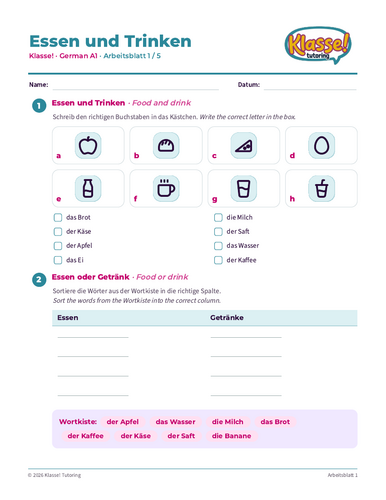 German A1 Essen und Trinken Worksheets – Set 1 (17 pages)