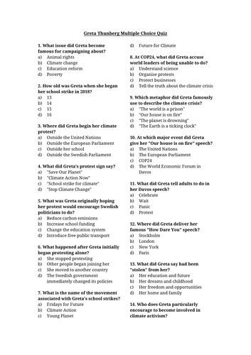 Greta Thunberg Multiple Choice Quiz