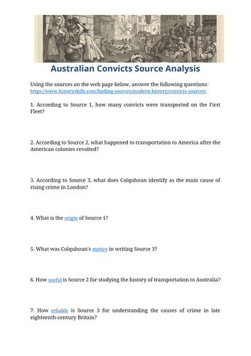 British Convicts to Australia Source Analysis Worksheet