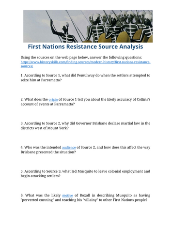 Australian First Nations Resistance Source Analysis Worksheet