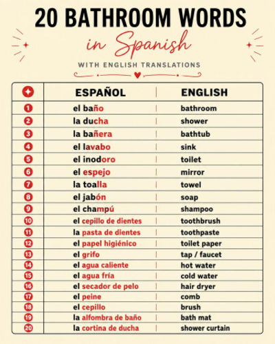 Spanish Bathroom Vocabulary Poster | 20 Essential Words with English Translations
