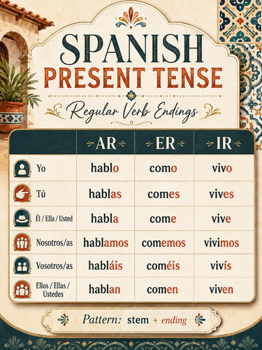 Spanish Present Tense Regular Verb Endings Chart | AR, ER & IR Conjugation