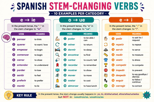 Spanish Stem-Changing Verbs Poster | 30 Examples | E→IE, O→UE & E→I