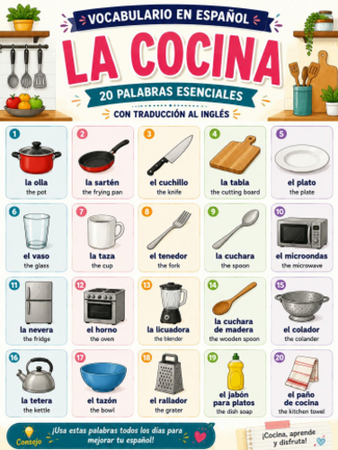 Spanish Kitchen Vocabulary Poster | 20 Illustrated Words with English Translations