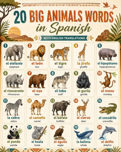 Spanish Big Animals Vocabulary Poster | 20 Illustrated Words with English Translations
