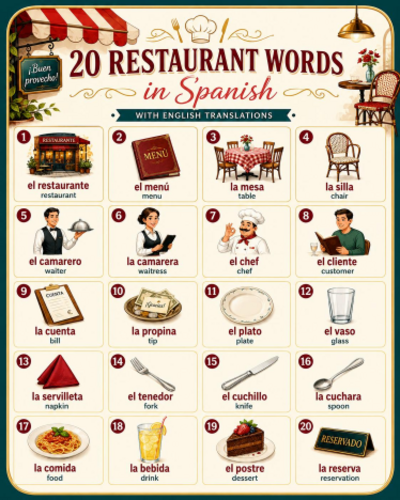 Spanish Restaurant Vocabulary Poster | 20 Illustrated Words with English Translations