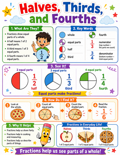 Halves, Thirds, and Fourths I Elementary School I Infographic