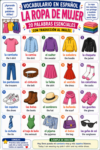 Spanish Women’s Clothes Vocabulary Poster | 20 Essential Words with English Translations