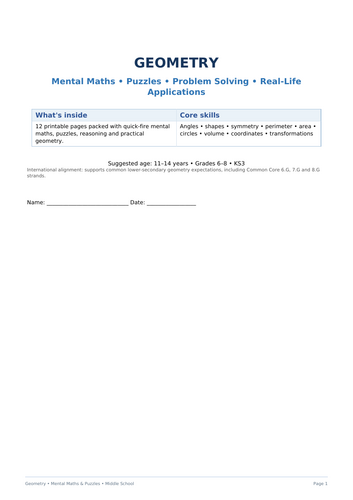 Geometry Mental Maths & Puzzle worksheet pack