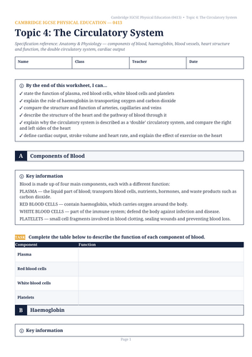 Cambridge IGCSE PE (0413) Topic 4: The Circulatory System Workbook & Teacher Mark Scheme