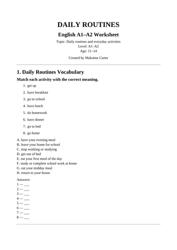 Daily Routines A1-A2 Worksheet