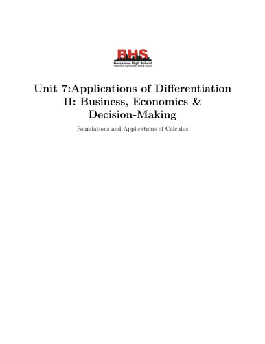 Foundations and Applications of Calculus Unit 7- Applications of Differentiation 2