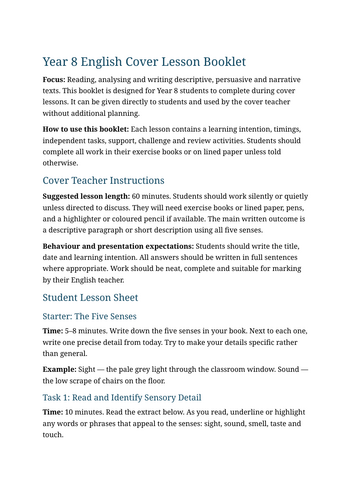 Year 8 English Cover Lesson Booklet | 6 Ready-to-Use Reading & Writing Cover Lessons
