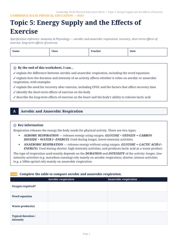 Cambridge IGCSE PE (0413) Topic 5: Energy Supply & Effects of Exercise - Workbook & Mark Scheme