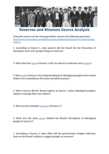 Australian Aboriginal Reserves and Missions Source Analysis Worksheet