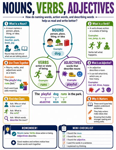 Nouns, Verbs, Adjectives I English Language I Infographic