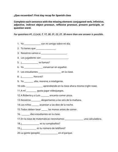 ¿Que recuerdas?: First day recap for Spanish class