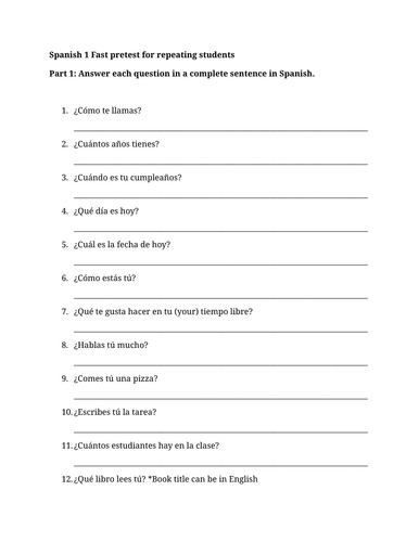 Spanish 1 Fast pretest for repeating students