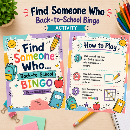 Back to School Find Someone Who Bingo | First Day Icebreaker PreK-8th Grade Back to School Find Som