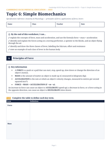 Cambridge IGCSE PE (0413) Topic 6: Simple Biomechanics Workbook & Teacher Mark Scheme