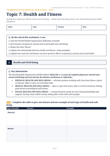 Cambridge IGCSE PE (0413) Topic 7: Health & Fitness Workbook & Teacher Mark Scheme