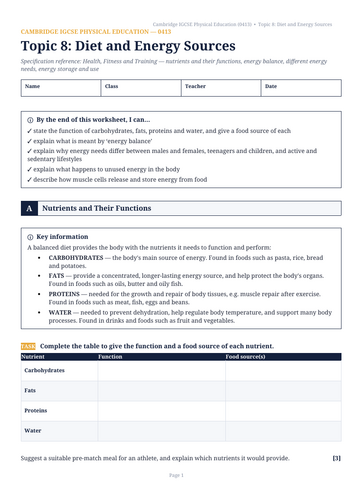 Cambridge IGCSE Physical Education (0413) Worksheet & Teacher Mark Scheme
