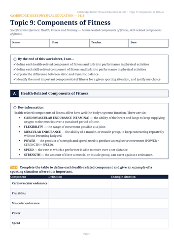 Cambridge IGCSE Physical Education (0413) Resource: Topic 9: Components of Fitness.