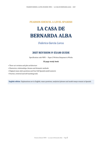 Pearson Edexcel A Level Spanish 9SP0 – La casa de Bernarda Alba 2027 – English & Spanish Revision Gu