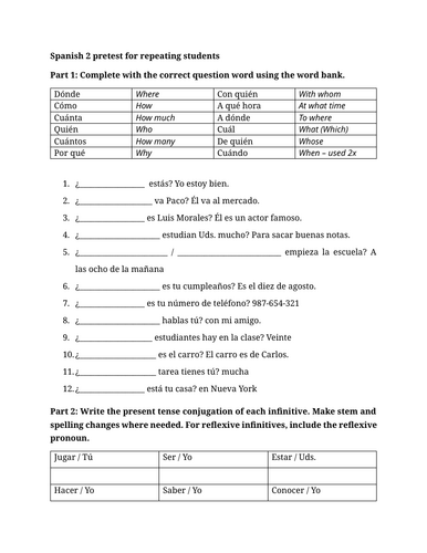 Spanish 2 pretest for repeating students