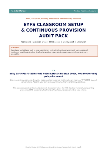 EYFS Classroom Setup & Continuous Provision Audit Pack