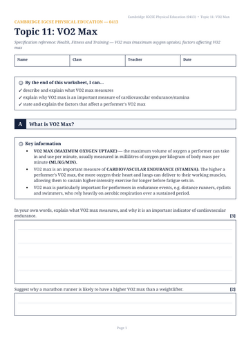 Cambridge IGCSE Physical Education (0413) — Topic 11: VO2 Max Revision & Practice Booklet