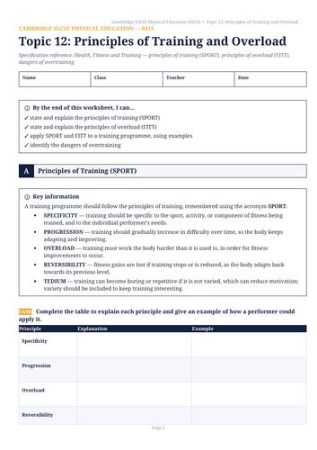 Cambridge IGCSE Physical Education (0413) — Topic 12: Principles of Training & Overload