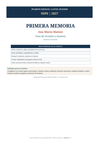 Pearson Edexcel A Level Spanish 9SP0 Primera memoria 2027 | Two Revision & Exam Guides