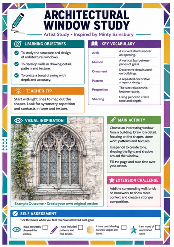 Minty Sainsbury Artist Study – Architectural Window Study | KS3 Art Worksheet