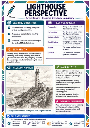 Minty Sainsbury Artist Study – Lighthouse Perspective | KS3 Art Worksheet