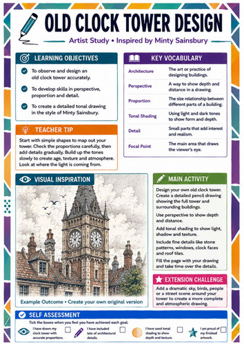 Minty Sainsbury Artist Study – Old Clock Tower Design | KS3 Architecture Worksheet