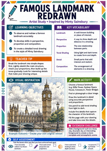 Minty Sainsbury Artist Study – Famous Landmark Redraw | KS3 Architecture Worksheet