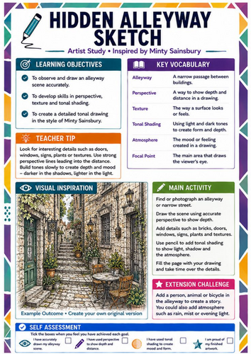 Minty Sainsbury Artist Study – Hidden Alleyway Sketch | KS3 Art Worksheet