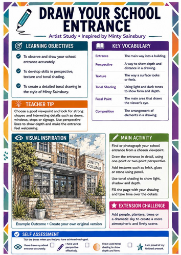 Minty Sainsbury Artist Study – Draw Your School Entrance | KS3 Architecture Worksheet