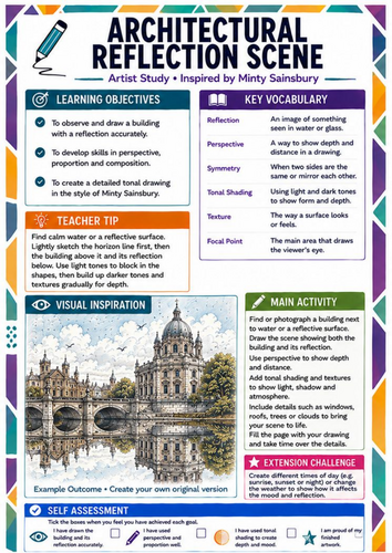 Minty Sainsbury Artist Study – Architectural Reflection Scene | KS3 Art Worksheet