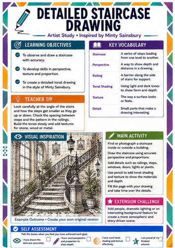 Minty Sainsbury Artist Study – Detailed Staircase Drawing | KS3 Architecture Worksheet